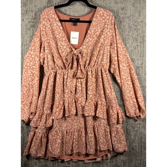 Forever 21 Dresses & Skirts - Forever 21 Plus Pink Floral Tie Front Tiered Ruffle Mini Dress 0X NWT